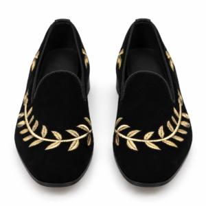 Black Velvet Handmade Loafers for Men | Luxury Embroidered Slip-On Shoes | Premium Wedding & Formal Footwear