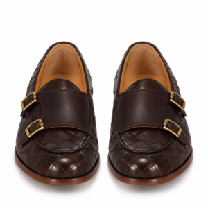 Woven Dark Brown Leather Double Buckle Loafers for Men – Handmade Premium Monk Strap Dress Shoes
