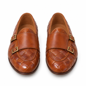 Woven Light Brown Leather Double Buckle Loafers for Men – Handmade Premium Monk Strap Dress Shoes