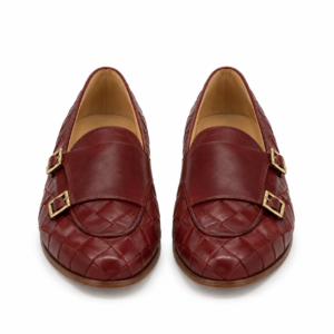 Woven Burgundy Leather Double Buckle Loafers for Men – Handmade Premium Monk Strap Dress Shoes