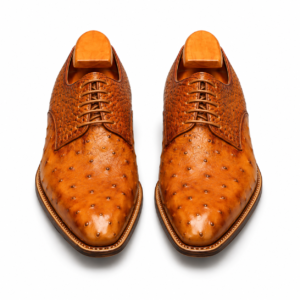Handmade Men's Tan Derby Ostrich Leather Shoes