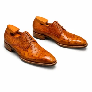 Handmade Men's Tan Derby Ostrich Leather Shoes