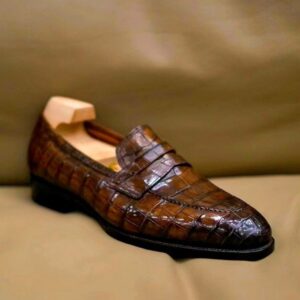 Brown Crocodile Penny Loafers for Men | Handmade Genuine Leather Slip-On Dress Shoes