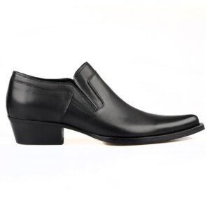 Black Leather Short Cowboy Boots for Men with Cuban Heel