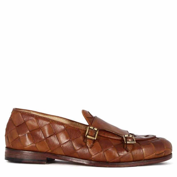 Woven Light Brown Leather Double Buckle Loafers for Men – Handmade Premium Monk Strap Dress Shoes
