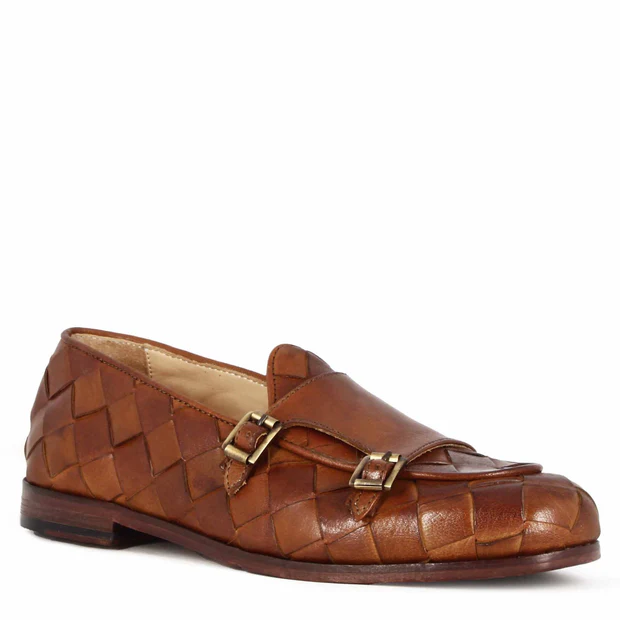 Woven Light Brown Leather Double Buckle Loafers for Men – Handmade Premium Monk Strap Dress Shoes - Image 7