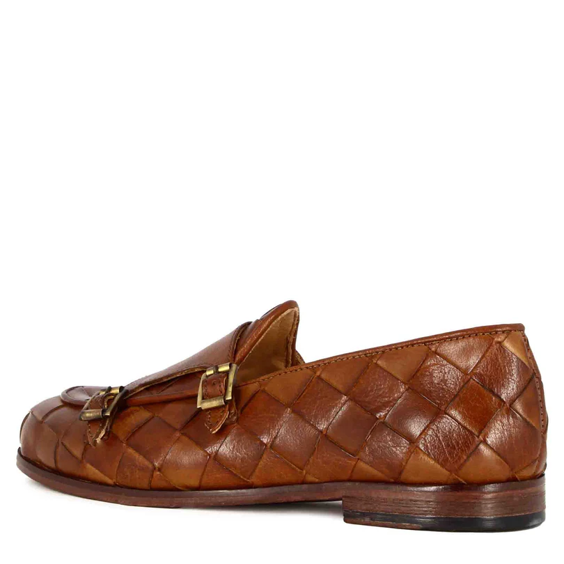 Woven Light Brown Leather Double Buckle Loafers for Men – Handmade Premium Monk Strap Dress Shoes - Image 5
