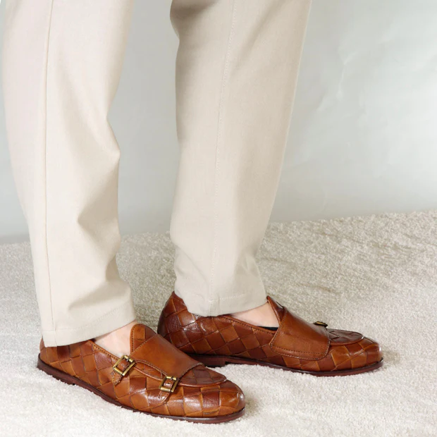 Woven Light Brown Leather Double Buckle Loafers for Men – Handmade Premium Monk Strap Dress Shoes - Image 4