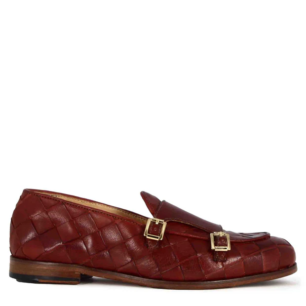 Woven Burgundy Leather Double Buckle Loafers for Men – Handmade Premium Monk Strap Dress Shoes
