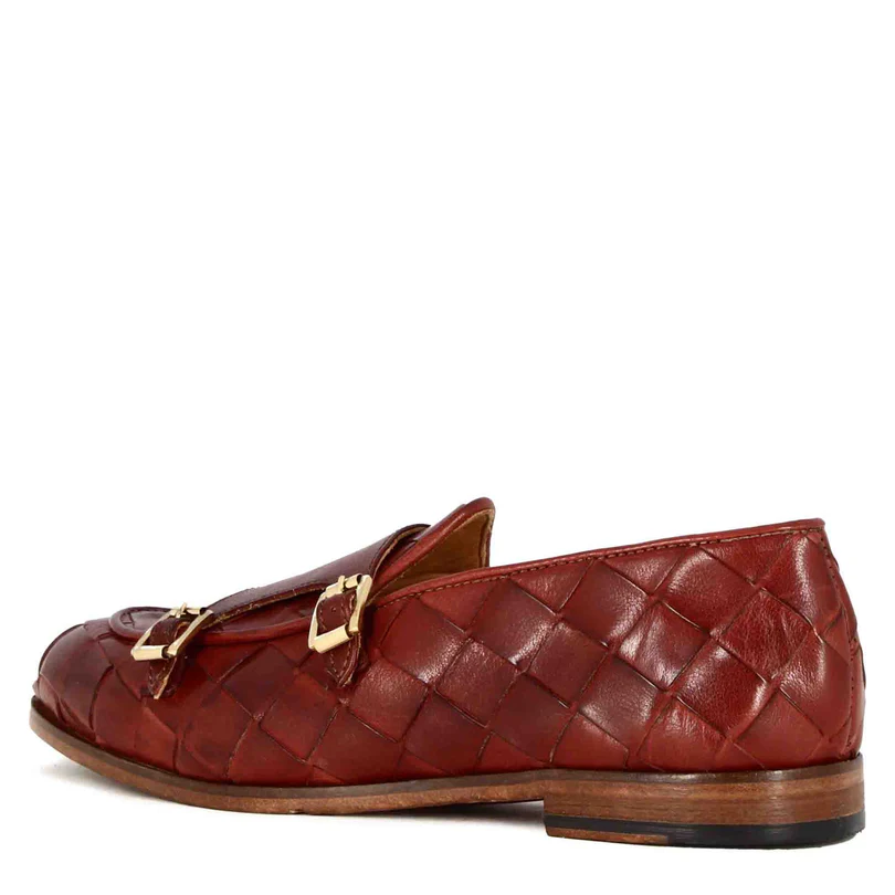Woven Burgundy Leather Double Buckle Loafers for Men – Handmade Premium Monk Strap Dress Shoes - Image 6