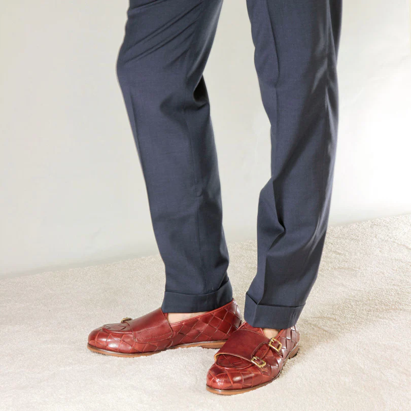 Woven Burgundy Leather Double Buckle Loafers for Men – Handmade Premium Monk Strap Dress Shoes - Image 4