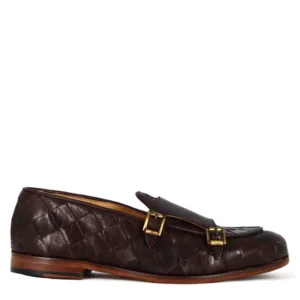 Woven Dark Brown Leather Double Buckle Loafers for Men – Handmade Premium Monk Strap Dress Shoes