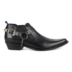 Black Leather Short Cowboy Boots for Men with Cuban Heel