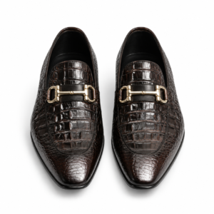 Brown Crocodile Double Bit Loafers for Men | MFS Atelier