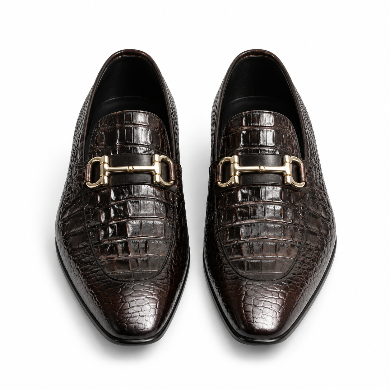 Brown Crocodile Double Bit Loafers for Men | MFS Atelier