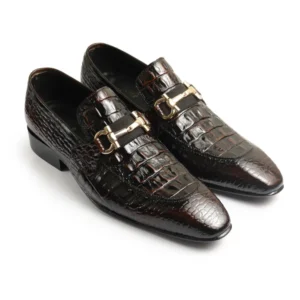 Brown Crocodile Double Bit Loafers for Men | MFS Atelier
