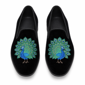 Men’s Black Peacock Embroidered Velvet Loafers