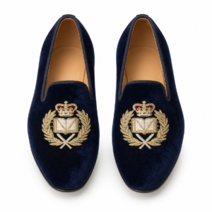 Men’s Navy Blue Velvet Embroidered Crown Loafers