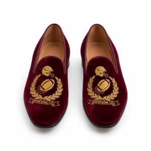 Burgundy Velvet Football Crest Loafers – Gold Embroidered Men’s Slip-On Shoes