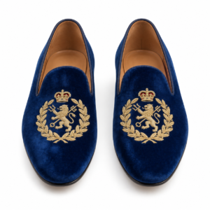 Men’s Navy Blue Velvet Loafers with Gold Crest Embroidery