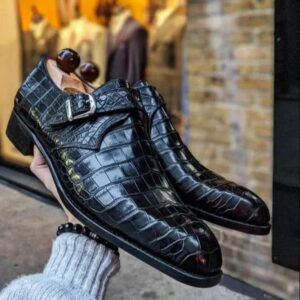 Bespoke Black Crocodile Monk Shoes for Men – Handmade Leather Luxury Dress Shoes, Gift for Men, Gift for Husband