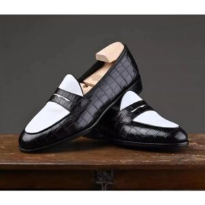 Men's Black & White Handmade Leather Loafers – Custom Dress Shoes, Luxury Slip On Shoes, Gift for Men, Gift for Husband, Wedding Shoes for Men
